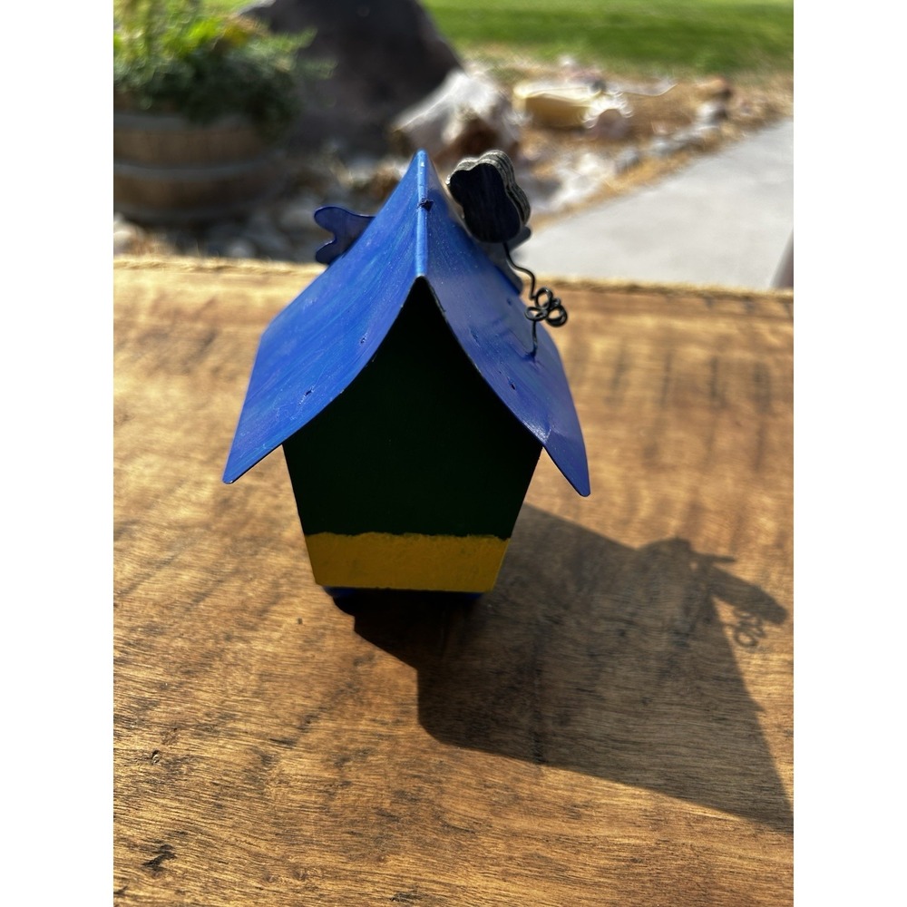Handmade Folk Art Birdhouse Blue Yellow Wood Metal Whimsical Rustic Decor